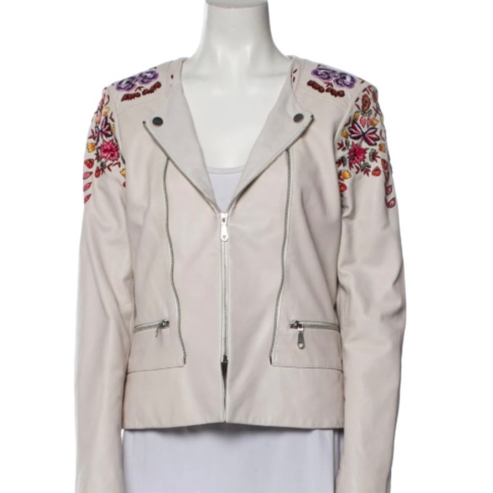 Rebecca Minkoff white leather embroidered moto jacket